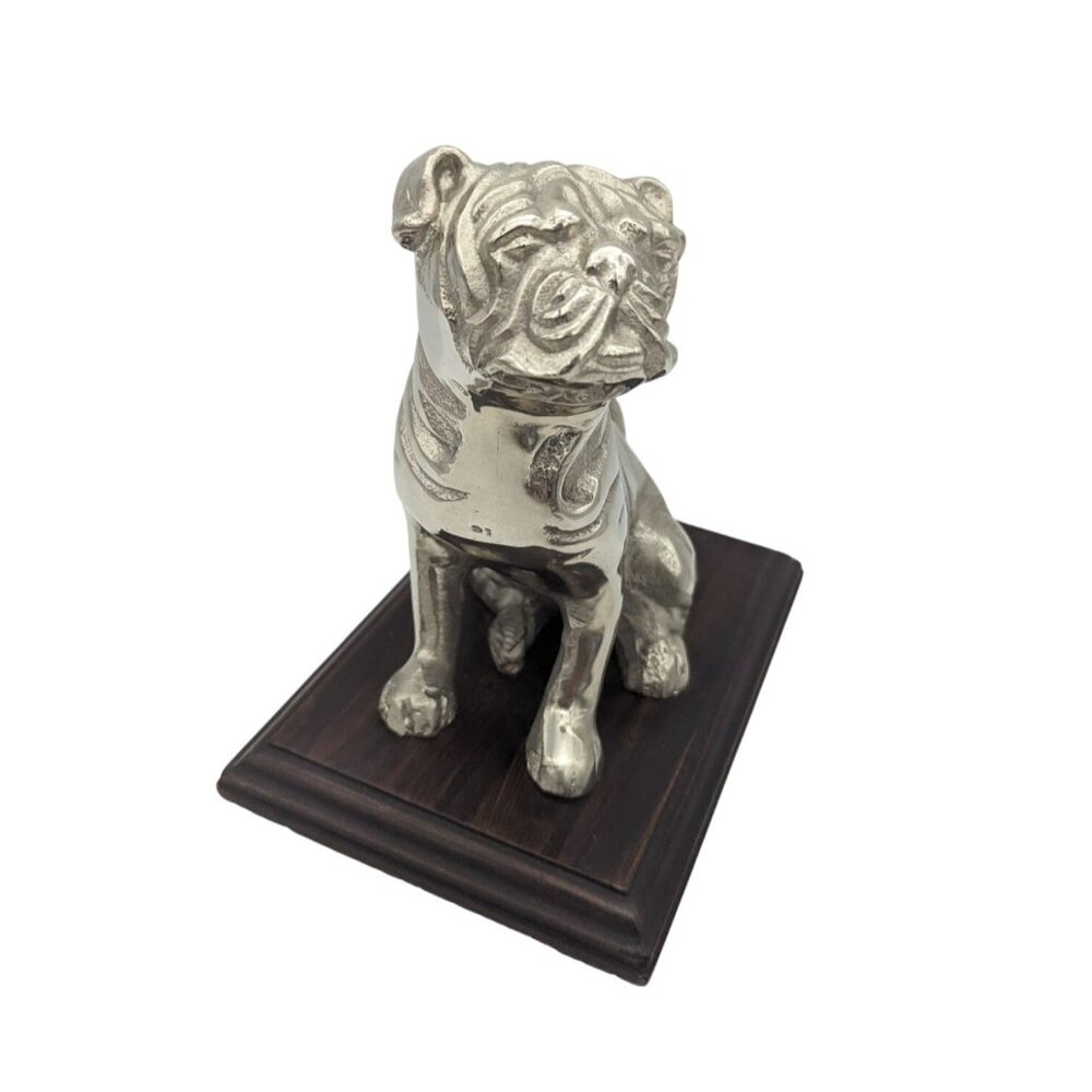 Cast Aluminum Pug/Bulldog Figurine‎ On Wooden Stand 7" Tall Unique Accent Piece